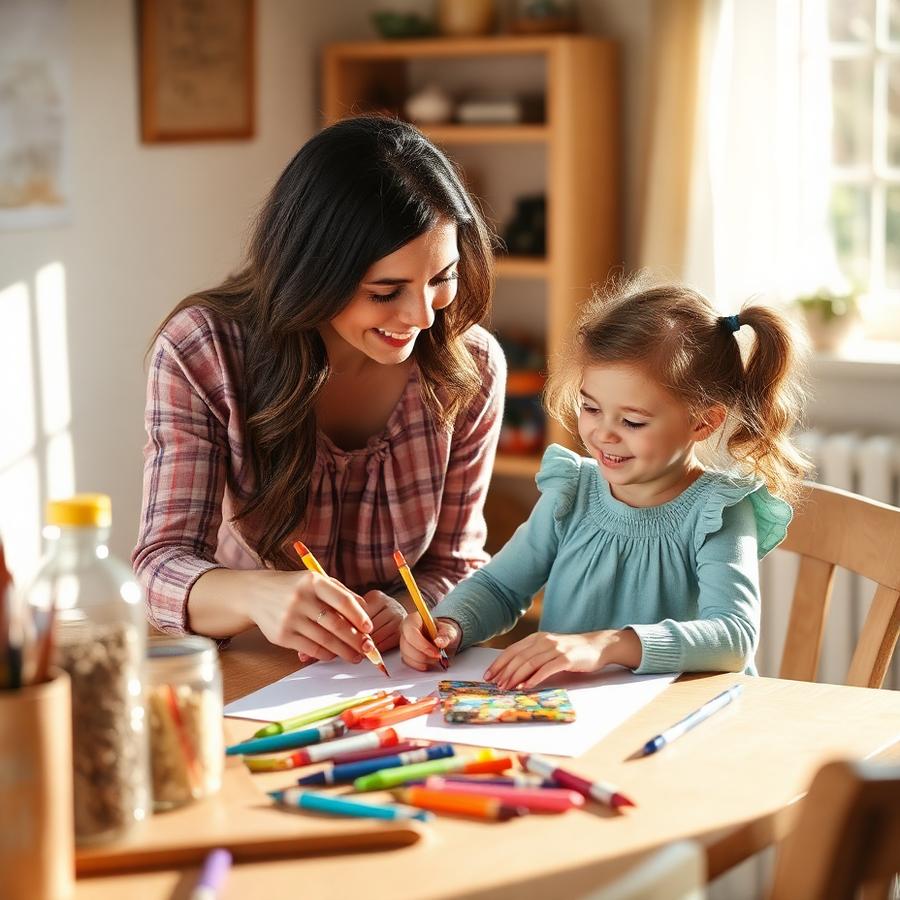 Mother helping her daughter with art